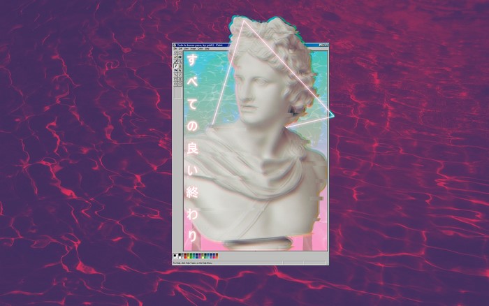 Vaporwave Glitch Art with Greek Bust and Japanese Text
