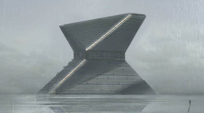 Futuristic pyramid building in the rain