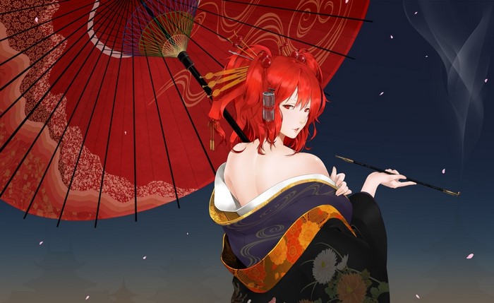 Onozuka Komachi from Touhou with umbrella and cigarette holder