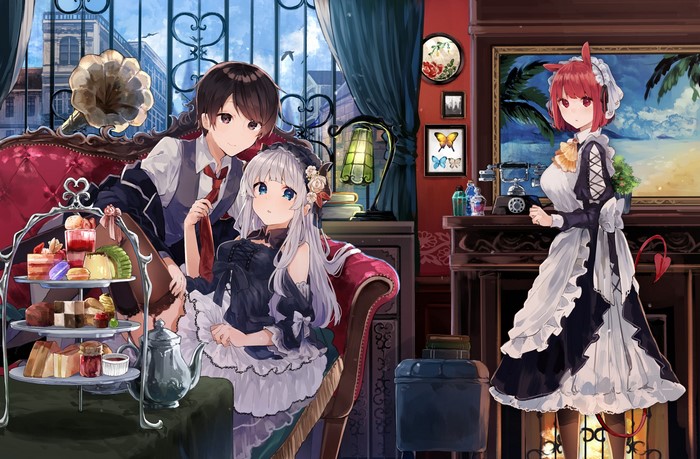 Anime characters in a Victorian-style room with tea set
