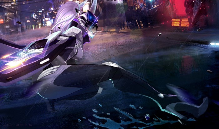Vayne from League of Legends in a futuristic city