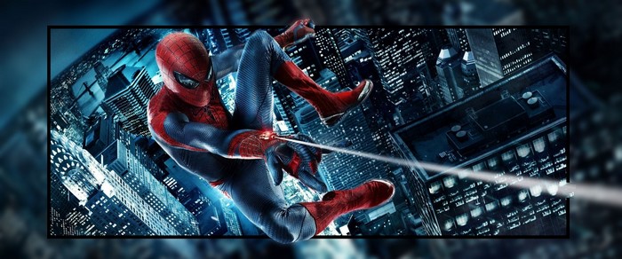 The Amazing Spider-Man swinging through a city at night