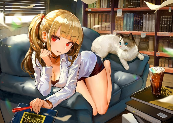 Anime girl with red eyes and cat in library