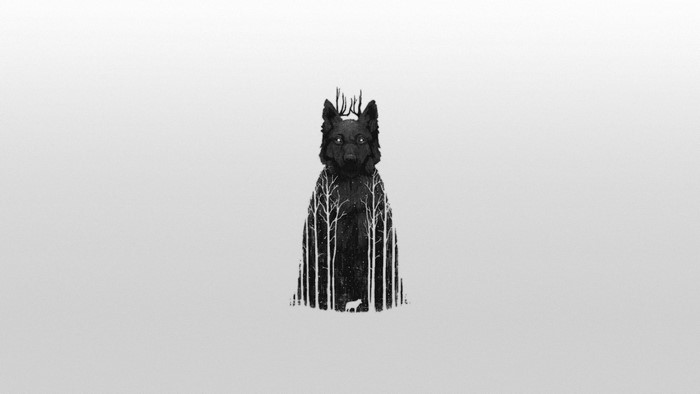 Black wolf with antlers and forest silhouette