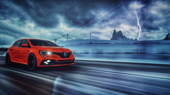 Orange Renault Megane RS in Forza Horizon 4 during a storm