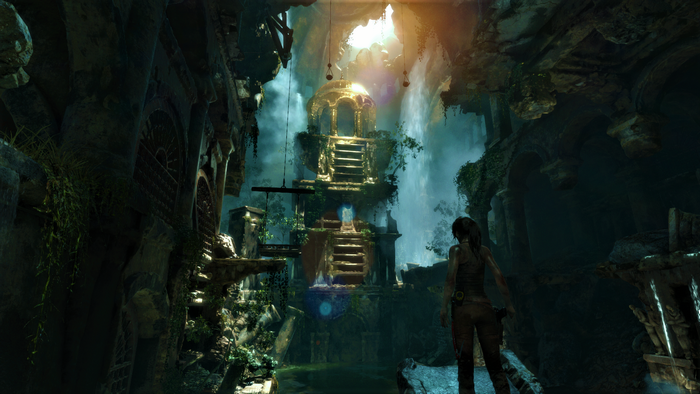 Lara Croft from Tomb Raider in ancient ruins