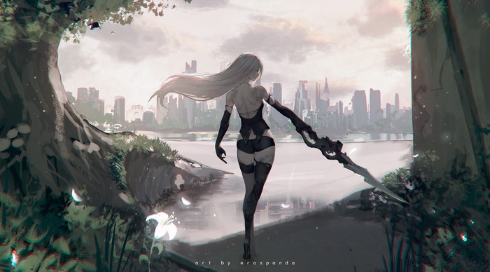 A2 from NieR: Automata with a sword in a cityscape