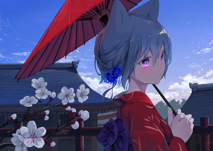 Anime girl with blue hair and cat ears holding an umbrella