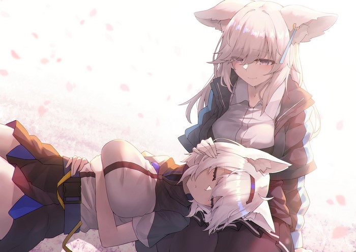 Two anime girls with animal ears resting outdoors