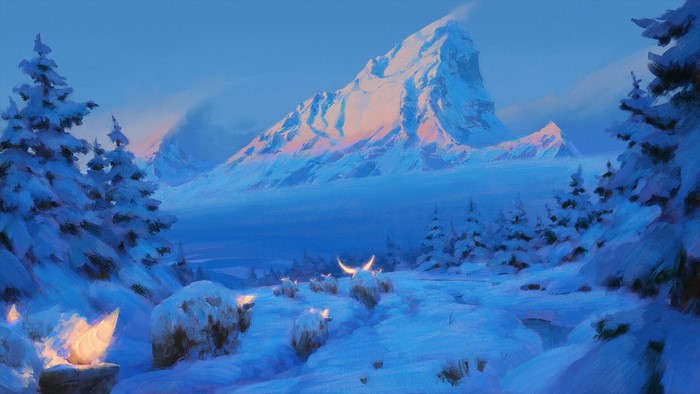 Fantasy art of glowing bison in a snowy mountain landscape
