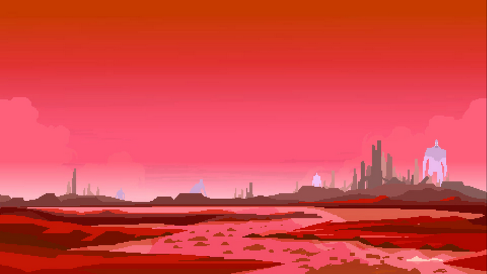 Pixel art landscape from Hyper Light Drifter