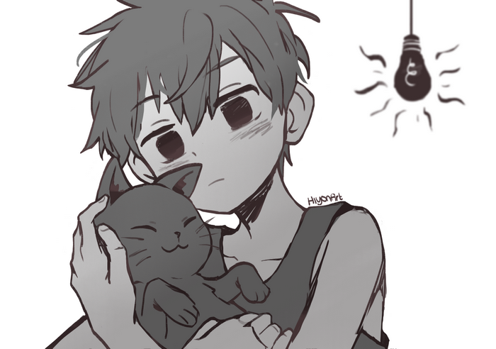 Omori holding a cat with a light bulb above
