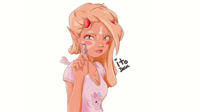 Anime girl with horns and wings holding a paintbrush
