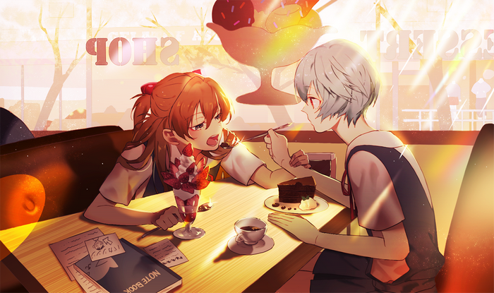 Asuka Langley Soryu and Ayanami Rei from Neon Genesis Evangelion eating dessert