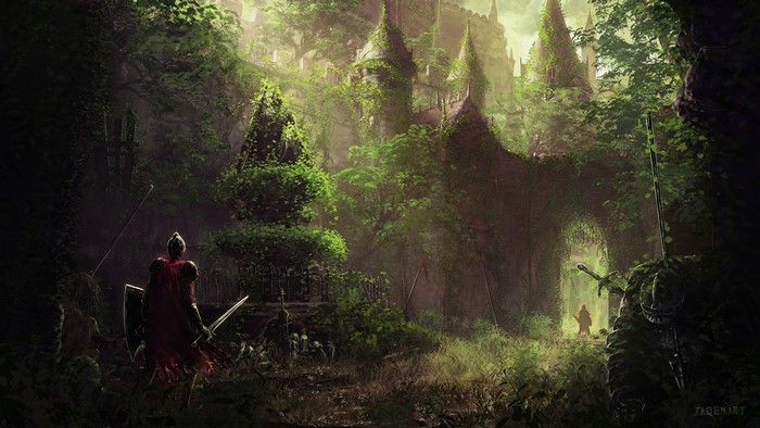 Fantasy art of knights exploring overgrown castle ruins