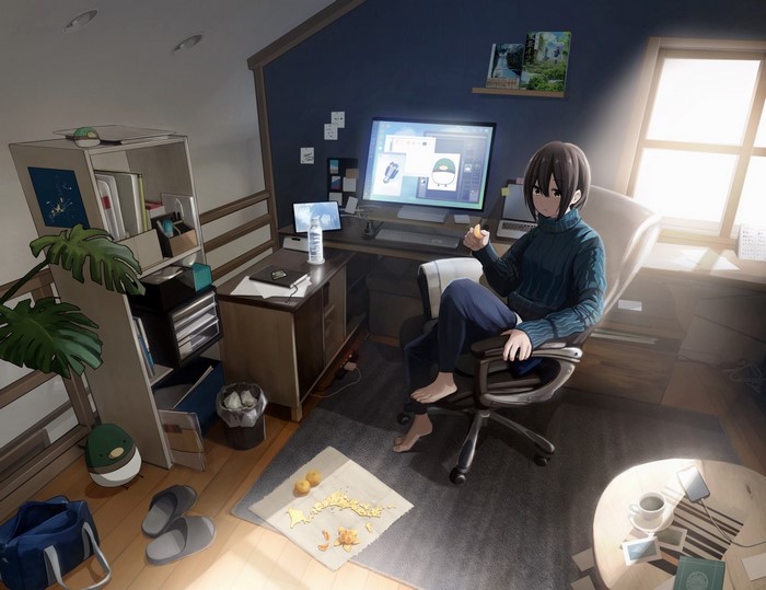 Anime girl with dark hair in a room with a computer