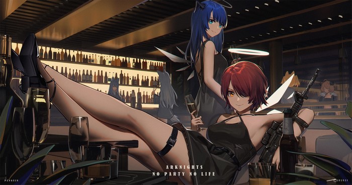 Arknights characters Mostima and Exusiai in a bar