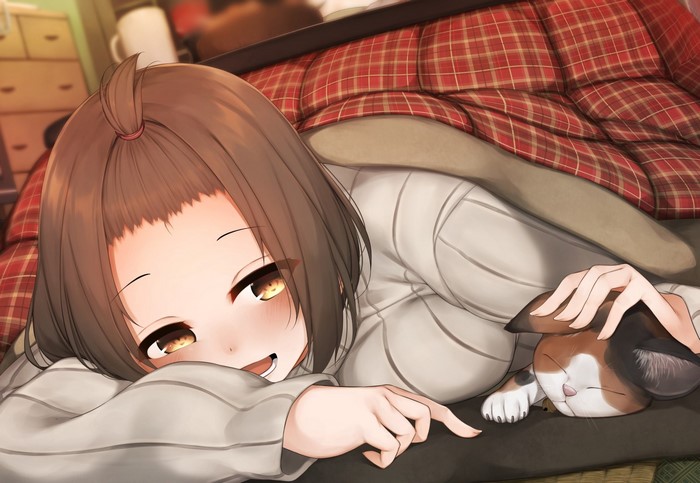 Anime girl with cat under a kotatsu