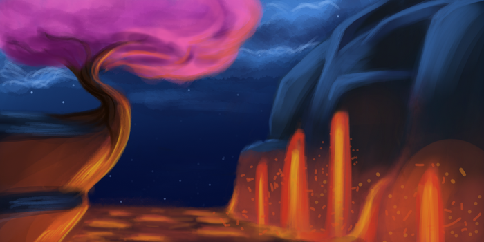 Fantasy landscape with a pink tree and lava flows
