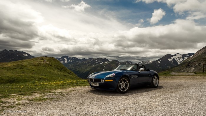 Blue BMW Z8 convertible parked in the Alps