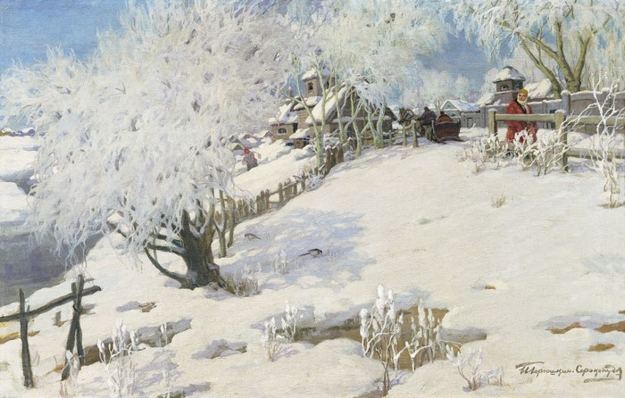 Winter Village Scene by Ivan Goryushkin-Sorokopudov