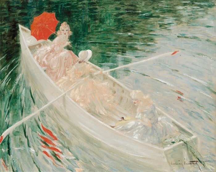 Women in a rowboat with a red umbrella