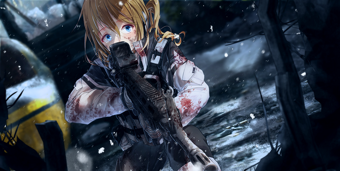 Anime girl with rifle in a warzone