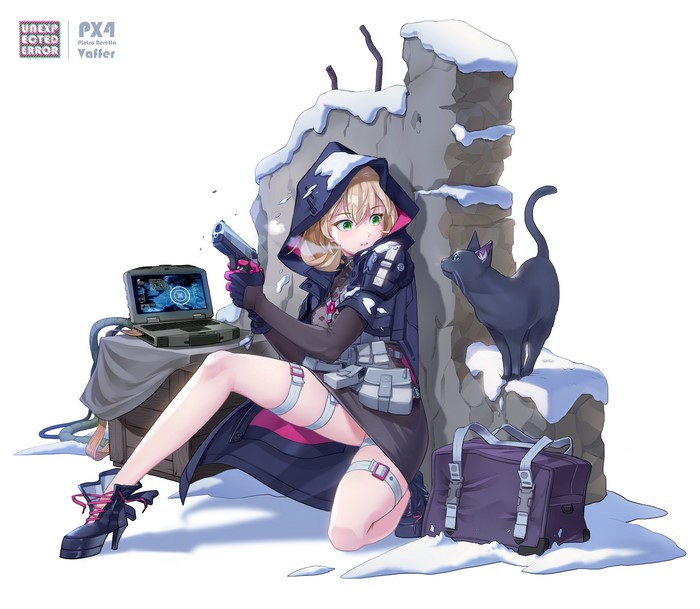 Vaffer from Girls Frontline with a cat and laptop