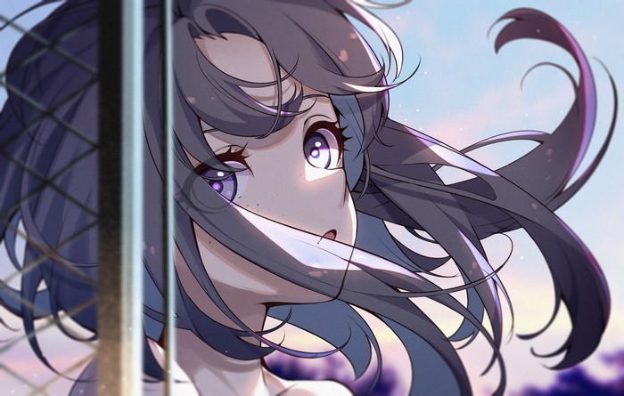 Anime girl with dark hair and purple eyes