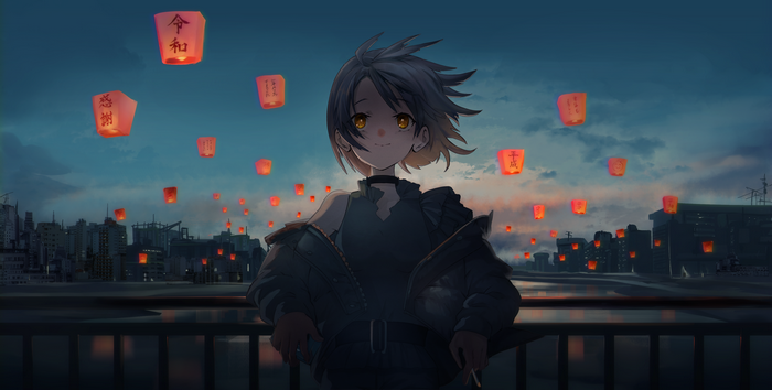 Anime girl with short hair and yellow eyes releasing Chinese lanterns