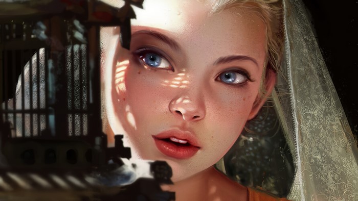 Artwork of a blonde woman with blue eyes