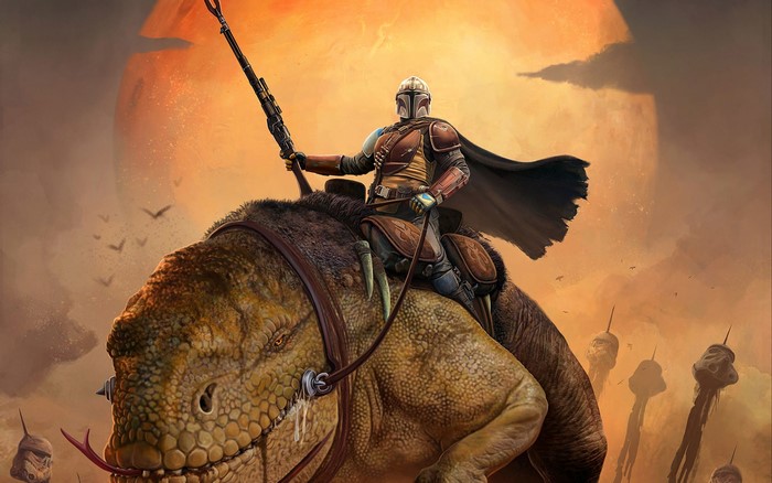 The Mandalorian riding a creature from Star Wars