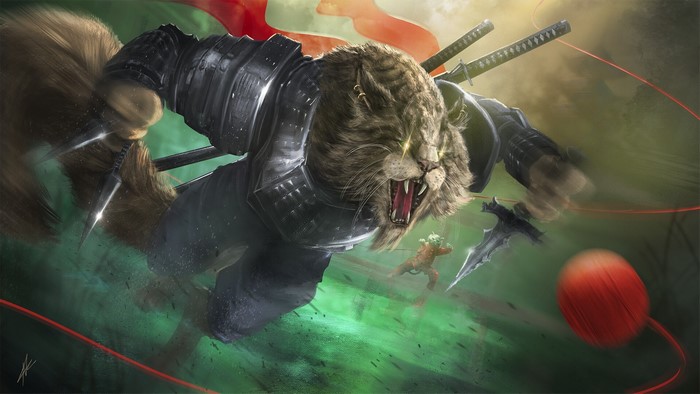 Armored tiger warrior with swords and daggers