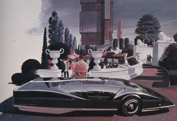 Futuristic black car by Syd Mead