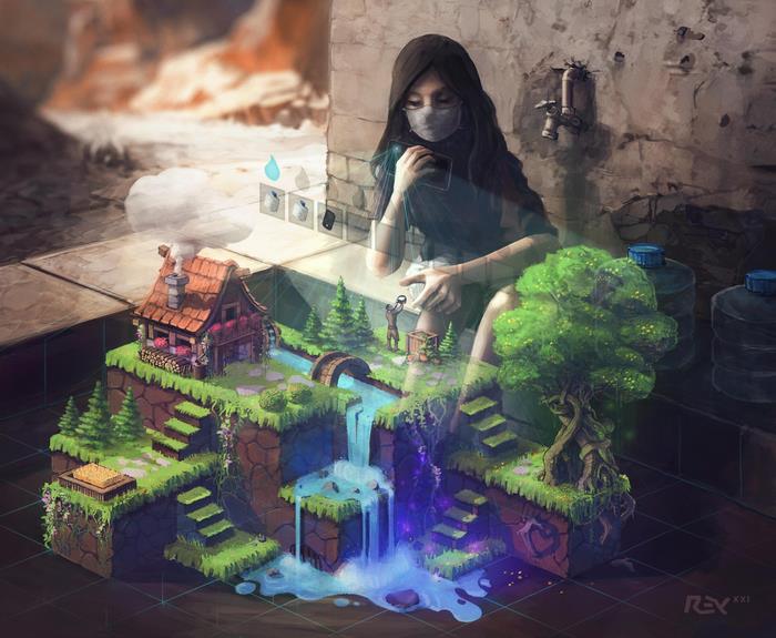 Girl playing a miniature world simulation game
