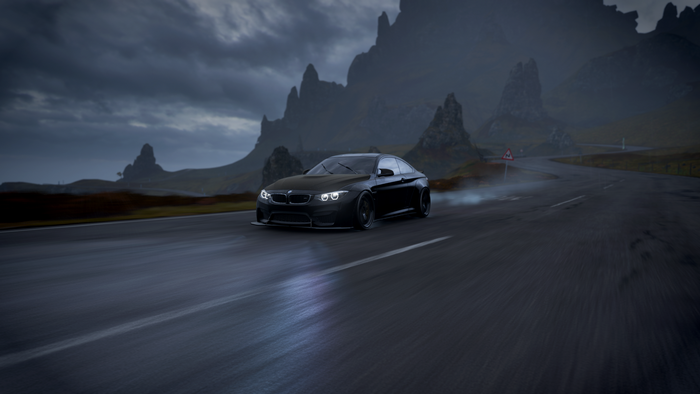 Black BMW M4 driving on a wet road in Forza Horizon 4