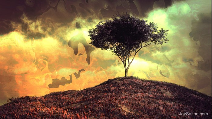 Tree on a hill with fiery sky and ghostly figures