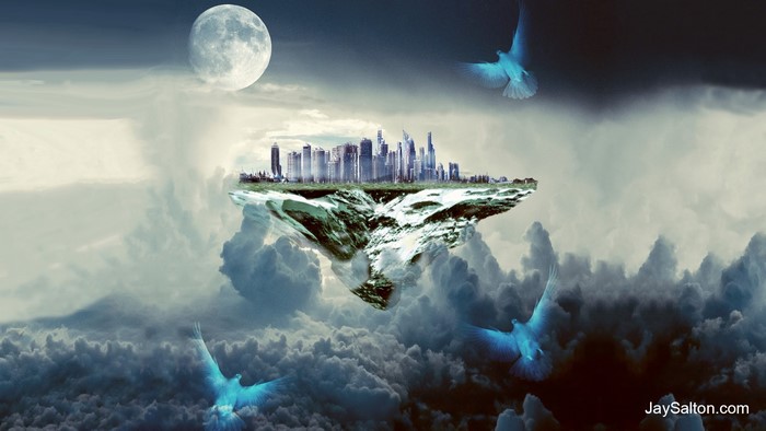 Floating city with skyscrapers and birds in the sky