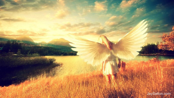 Angel with wings by a lake at sunrise
