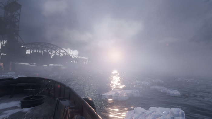 Boat in icy water near a bridge and industrial structure in Metro Exodus