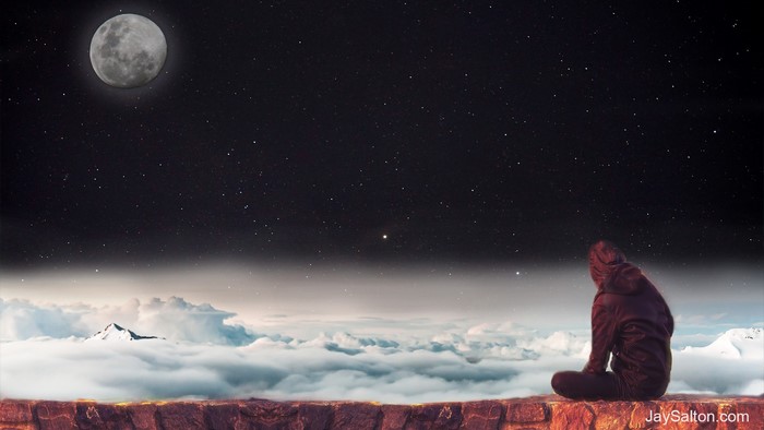 Person sitting on cliff edge under starry sky with moon