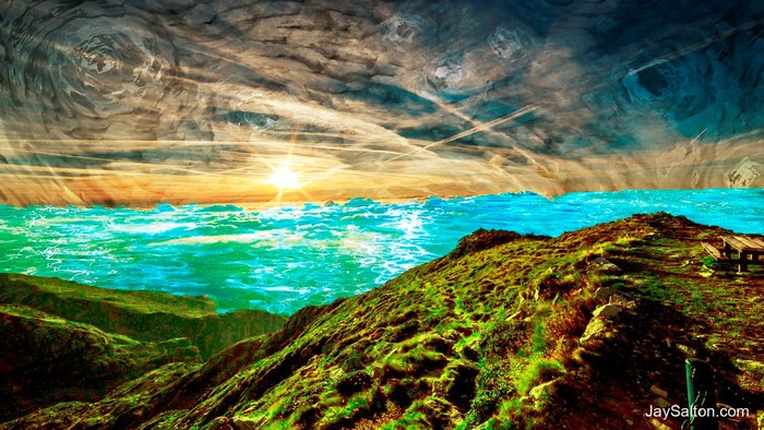 Psychedelic Sunrise Over Turquoise Sea and Grassy Hills