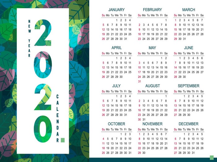 2020 New Year Calendar with Leaves