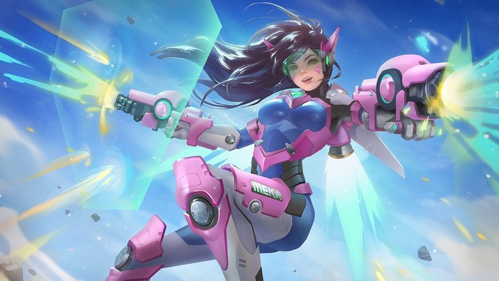 D.Va from Overwatch firing weapons in the sky