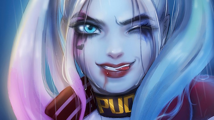 4K, biting, choker, digital art, artwork, Suicide Squad, women, Harley ...