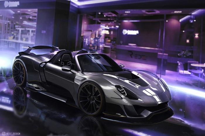 Digital art of a silver Porsche 918 Spyder convertible