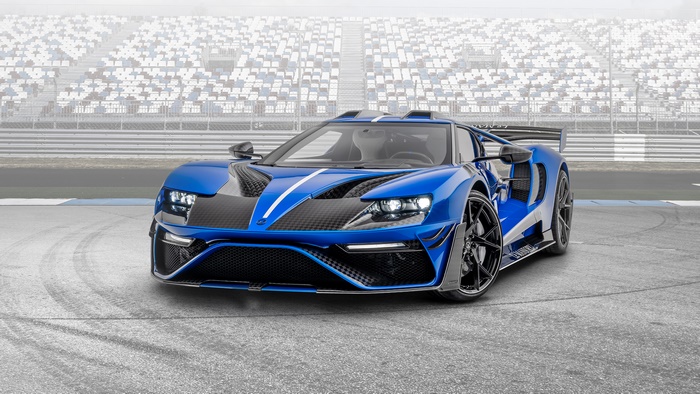 Blue Ford GT Mansory Supercar on a Racetrack