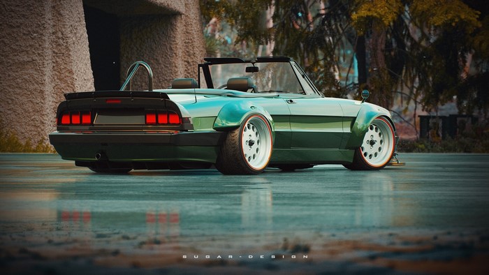 Green Alfa Romeo convertible car on wet ground
