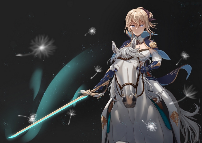 Jean from Genshin Impact on a white horse with a glowing sword