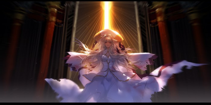 Anime girl in white dress with golden light